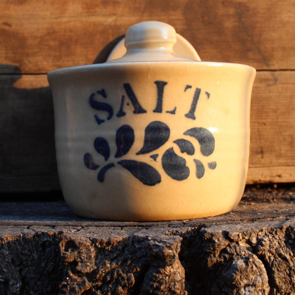 RARE Pfaltzgraff Salt Box & Lid Folk Art Pattern Beige & Blue #560